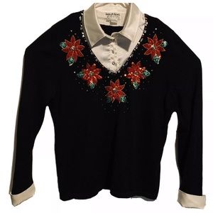 Christmas Sweater Sequined Poinsettia Rhinestone